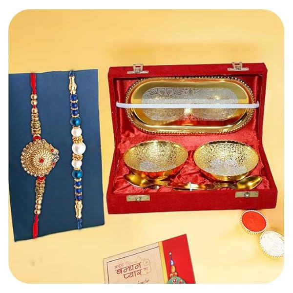 Collectible India Rakhi & Gift Set for Brother [Gift Combo - Peacock Rakhi with 2 Bowl with Velvet Box,& Greeting Card, Rakhis for Men Boy