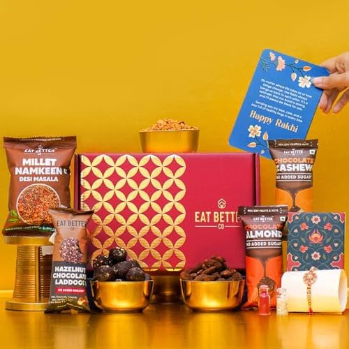 Anmol Rakhi Gift Hamper - 7 Items Combo Pack - Chocolate Coated Almonds & Cashews - Four packets of Dry Fruits with Roli, C…