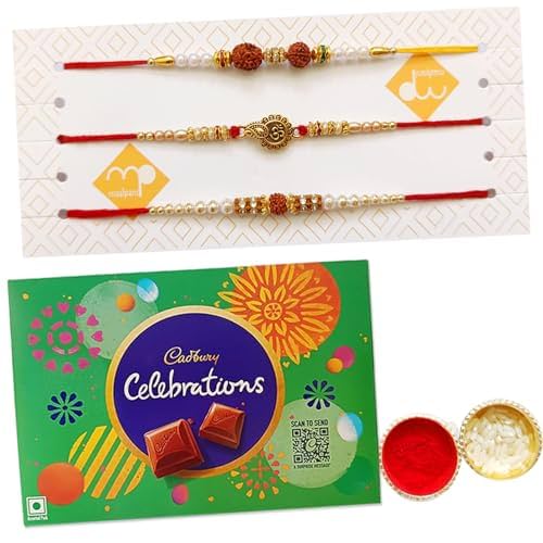 Maalpani Rakhi Gift Hamper Set of 3 – Bead & Diamond Rakhi with Chocolates | Rakhi with Roli Chawal for Brother | Rakshaban…