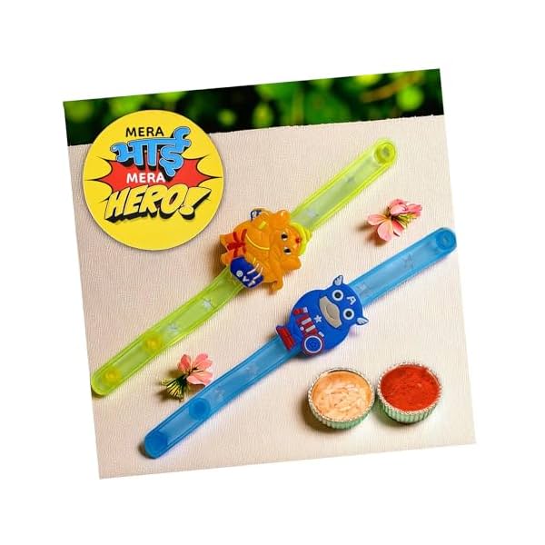 Evisha 2 Pcs LED Assorted Cartoon Character Rakhi with Fridge Magnet Combo for Kid Children Brother Bracelet Roli Chawal Pa…