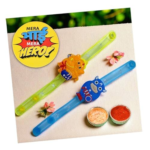 Evisha 2 Pcs LED Assorted Cartoon Character Rakhi with Fridge Magnet Combo for Kid Children Brother Bracelet Roli Chawal Pa…