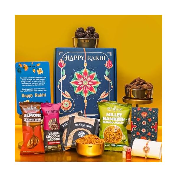 Eat Better Co - Bandhan - 8-Item Rakhi Gift Hamper For Brother – Chocolate Coated Almonds, Hazelnut Dry-Fruit Laddoos, Prem…