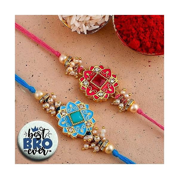 Ascension Pack of 2 Flower Rakhi Set Combo For Brother Bhaiya Sister Raksha Bandhan Gift Band Moli Bracelet Stone Pearl Rakhi with Roli Tilak & Best Brother Fridge Magnet