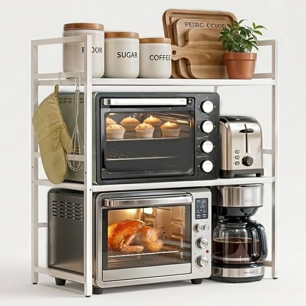 ABOUT SPACE Metal Microwave Stand - 2-Tier Kitchen Organizer Rack with 6 Hooks