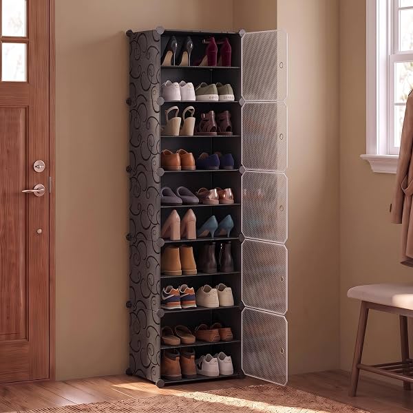 ALOXE Shoe Rack with Door, Foldable Plastic Shoe Rack