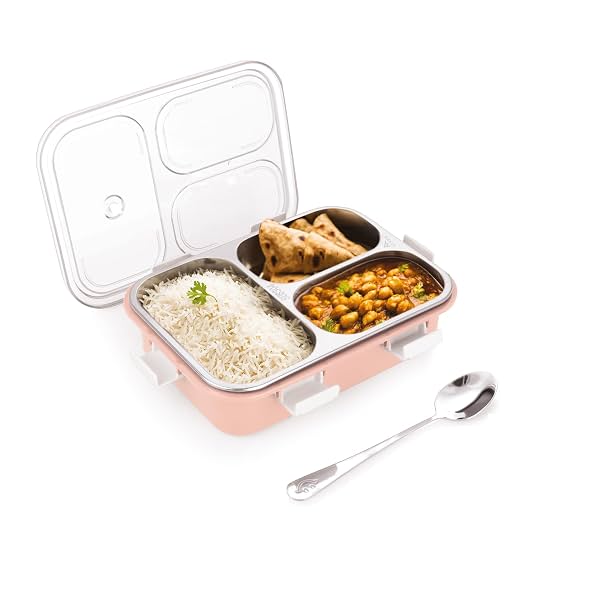 ATTRO Bento 3 Compartment Stainless Steel Lunch Box with Steel Cutlery Inside