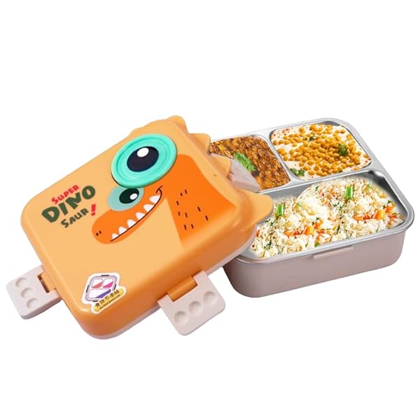 ATTRO Carnival Super Dino Stainless Steel Kids Lunch Box Yellow