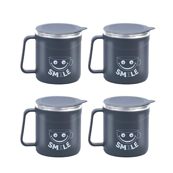 ATTRO Happy Mug Set of 4-Comes with Double Wall Inner Stainless Still & Lid Stylish Cup Ideal for Hot Coffee, Tea - 300m
