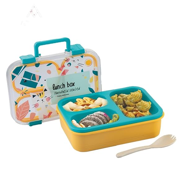 ATTRO Kitty Kart Plastic Lunch Box 3 Compartment Bento Tiffin Ideal for Kids