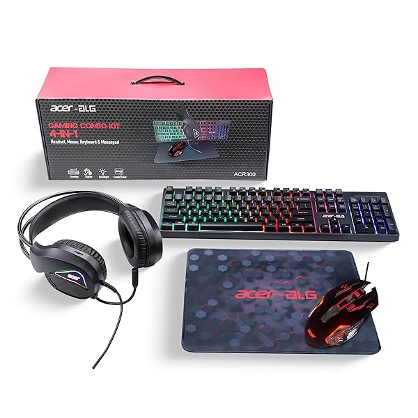 Acer 4 in 1 Wired Gaming Combo, 7 Color LED Backlit Keyboard, RGB Mouse (800/1600/2400/3200 DPI),