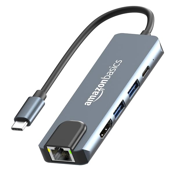 Amazon Basics 5-in-1 Hub Multiport Adapter, USB Type-C with Aluminium Shell, 100Mbps Ethernet Port,