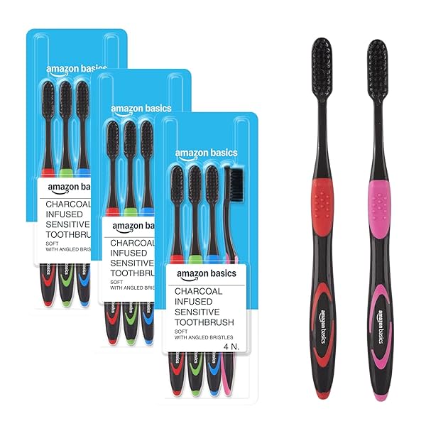 Amazon Basics Charcoal-Infused Sensitive Toothbrush for Adults, Multicolour | 12-Count (4 × 3 Packs) |