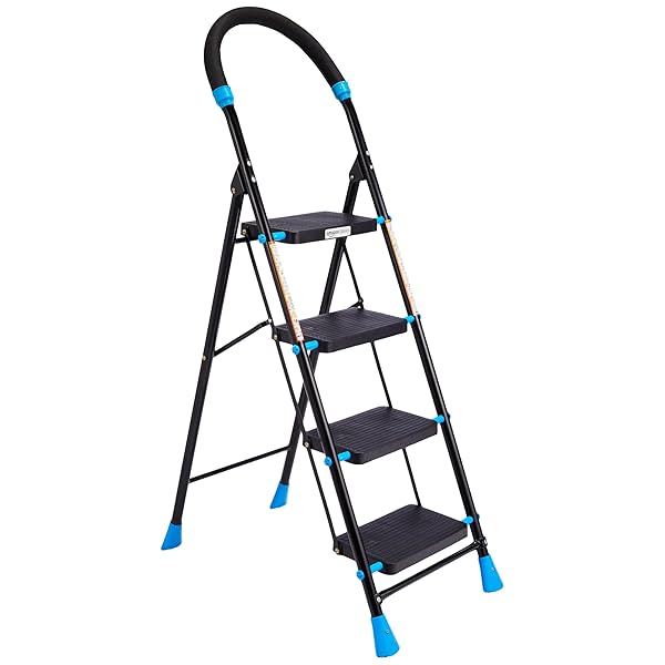 Amazon Basics Curvo - Foldable Step Ladder, Ribbed Steps, Knee Guard, Non-Marring PVC Shoes, 4 Steps (Black & Blue)
