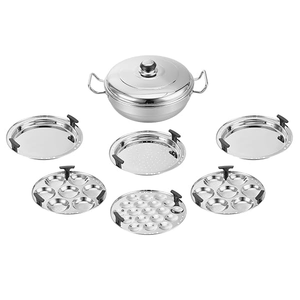 Amazon Basics Stainless Steel Deluxe Multi Kadai with 6 Plates | 2 Idli