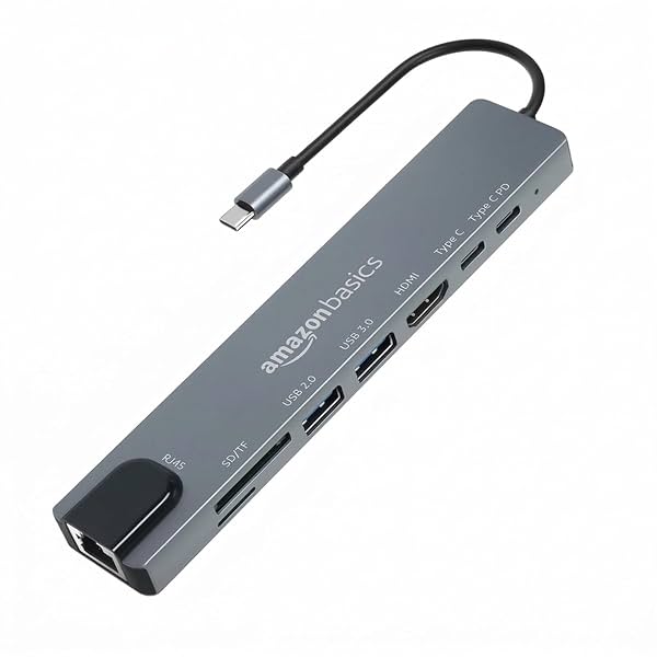 Amazon Basics USB hub 3.0 for Type-c Port,8 in 1 Adapter for pc Accessories with USB-C 4K HDMI SD/TF Ethernet Adaptor HU