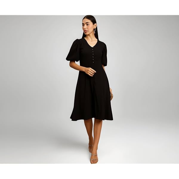 Amazon Brand - INKAST Women A-Line Midi Dress | Puff Sleeves