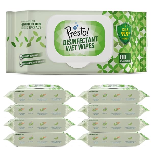 Amazon Brand - Presto! Disinfectant Wet Wipes With Lid720 Count | (80 Counts x Pack of 9)