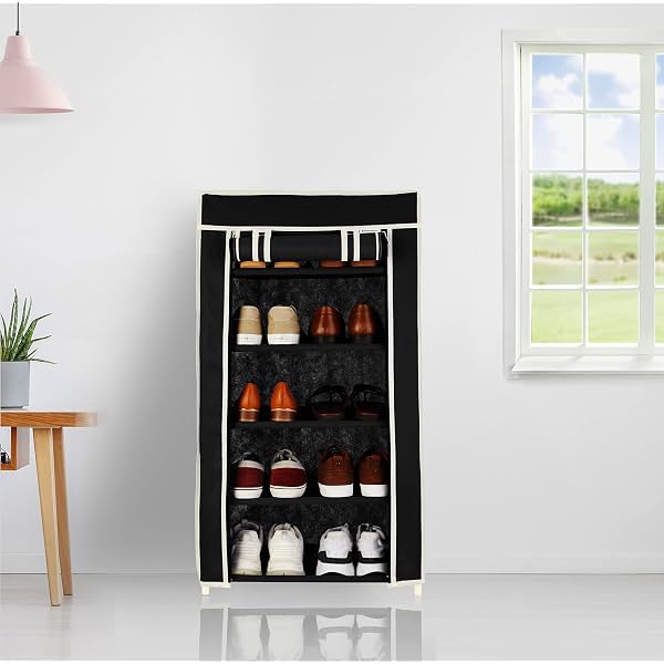 Amazon Brand - Solimo Foldable Shoe Rack, 5 Layer, Black, Premium, Alloy Steel