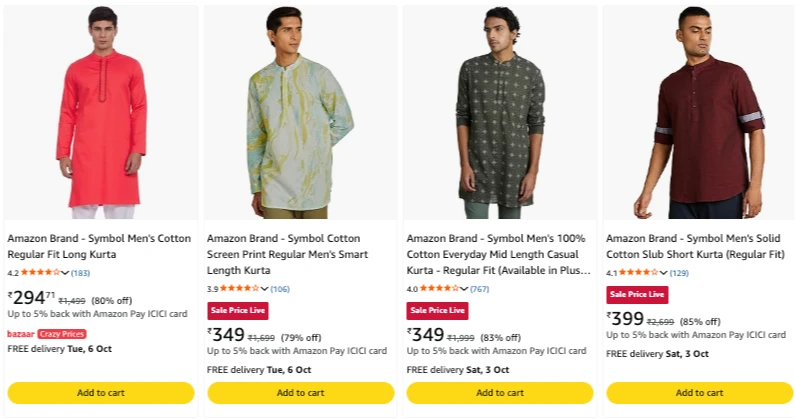 Amazon Brand - Symbol Men's Kurtas upto 85% discount