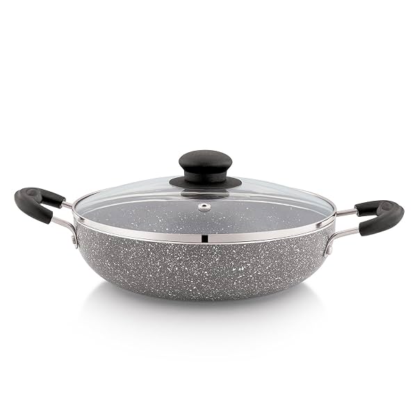 Amazon Solimo Non-Stick Kadai with Glass Lid | Granite Finish | Induction Base