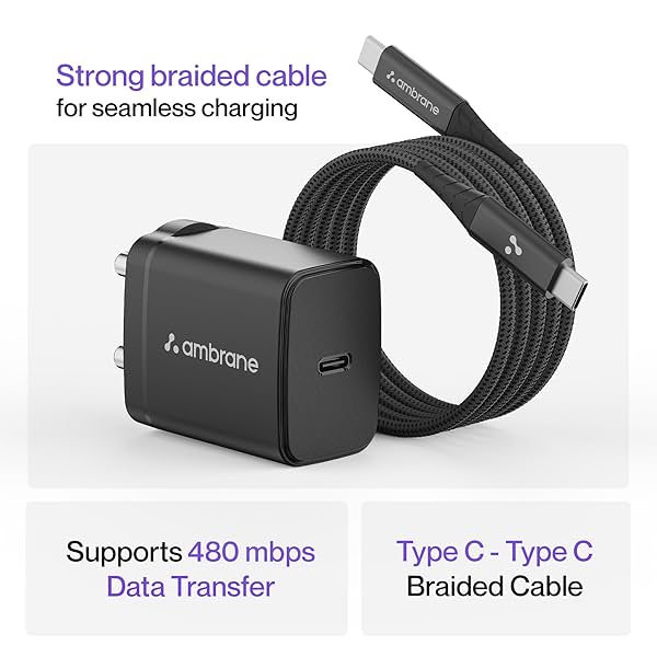 Ambrane Original 25W Charger Adapter with Type C to C Cable, Fast Charger Compatible with Iphone 17,16 Samsung