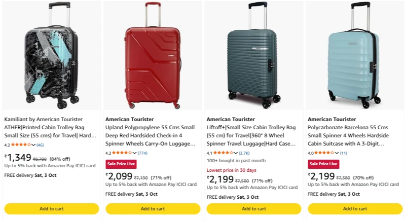 American tourister luggages upto 84% discount
