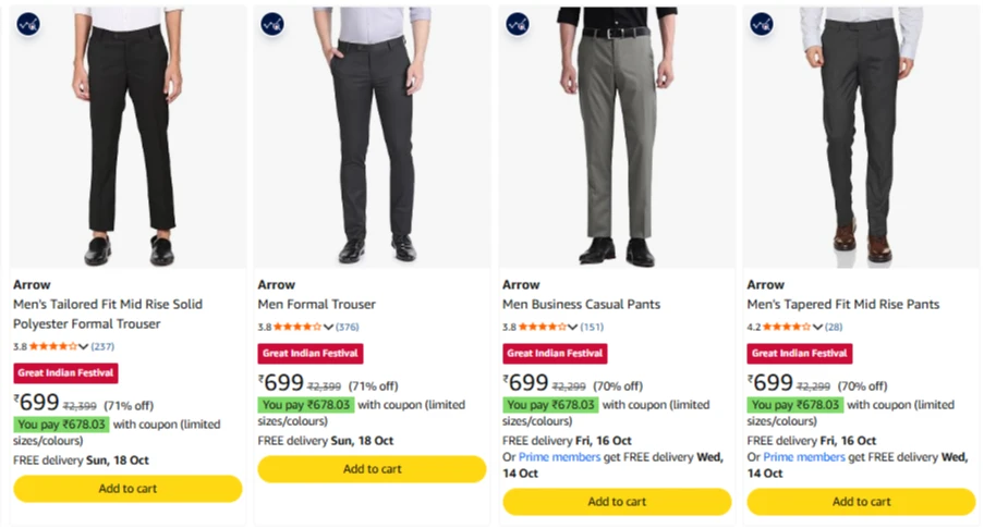 Arrow Men's Trousers at minimum 70% Discount