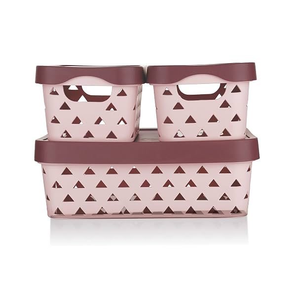 Asian Multi Star Basket Set of 3(1 BIG + 2 SMALL) WITH LID pestal Pink