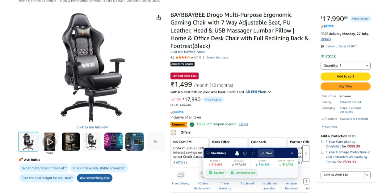 BAYBBAYBEE Drogo Ergonomic Gaming Chair with Footrest Black