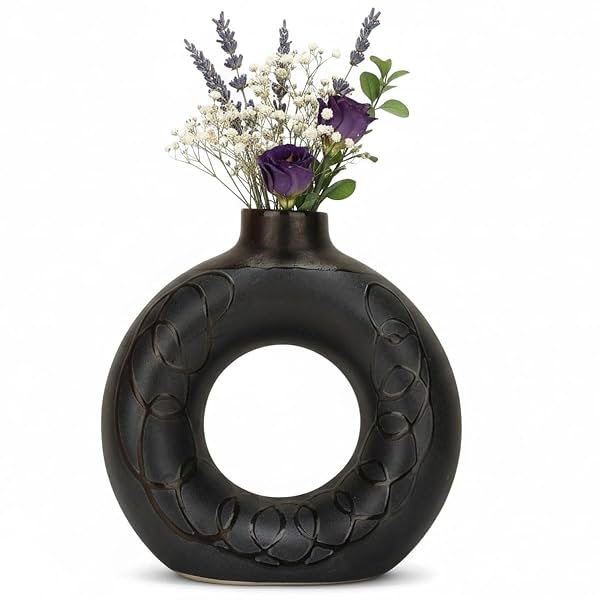 BENAVJI Black Ceramic Donut 6 Inch Modern Flower Vase for Pampas Grass