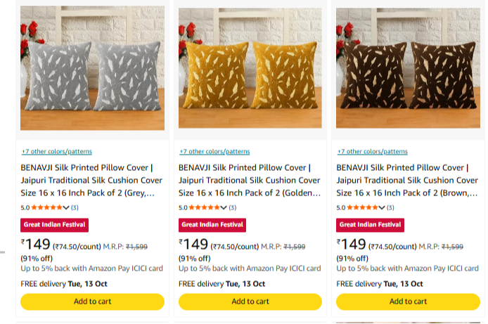 BENAVJI Silk Printed Pillow Cover | Jaipuri Traditional Silk Cushion Cover Size