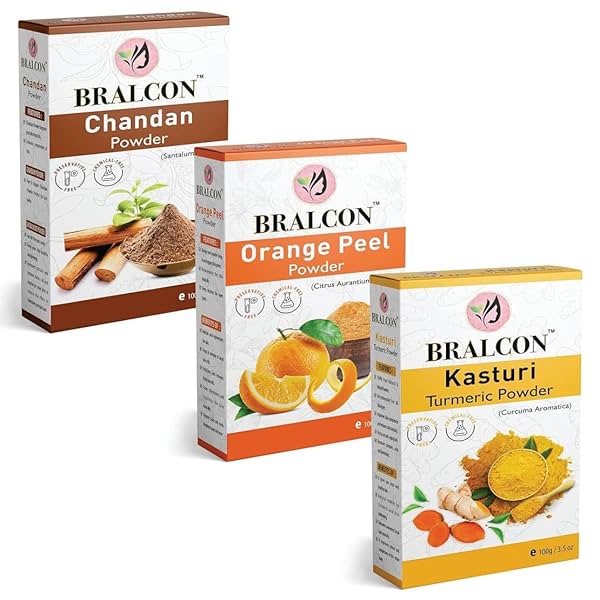 BRALCON Chandan, Orange, Kasturi Haldi Powder Combo - 300g (100g x 3 Pack) for Face Masks, Facials and Skin Care - Natur