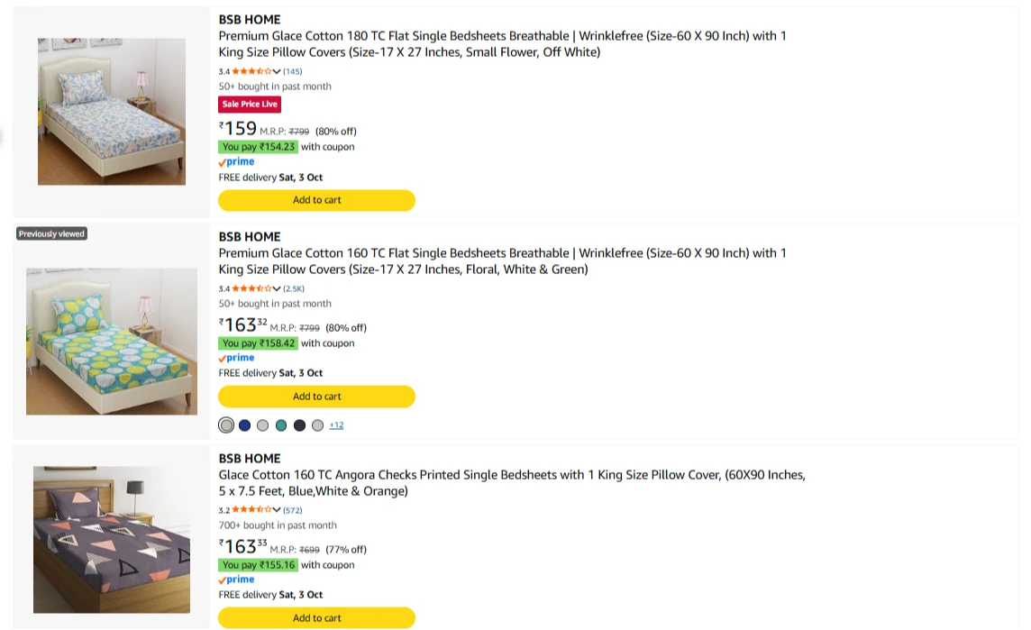 BSB Home Bedsheets up to 80% Discount