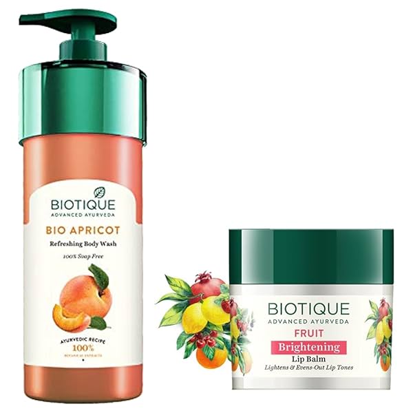 Biotique Bio Apricot Refreshing Body Wash, 800ml & Biotique Bio Fruit Whitening/Brightening Lip Balm, 12g