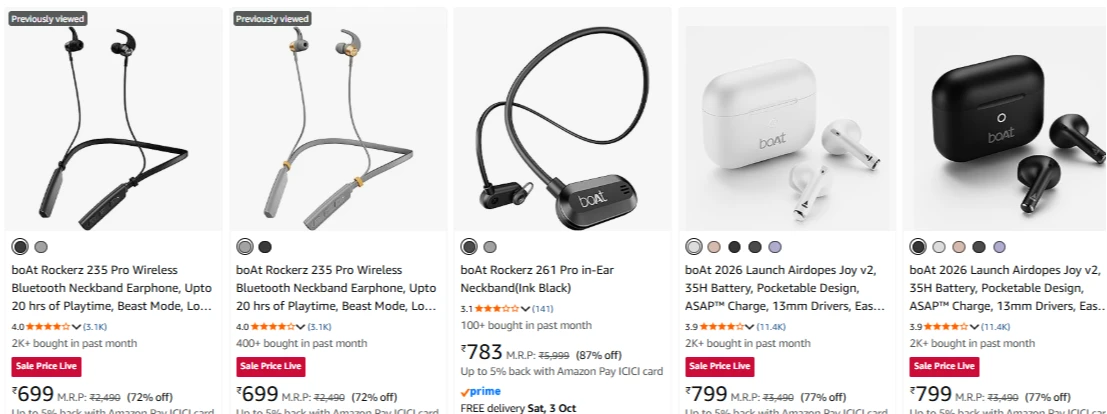 Boat Neckband & Earbuds up to 87% Discount