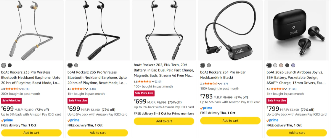 Boat Rockerz wireless earphones upto 87% Discount