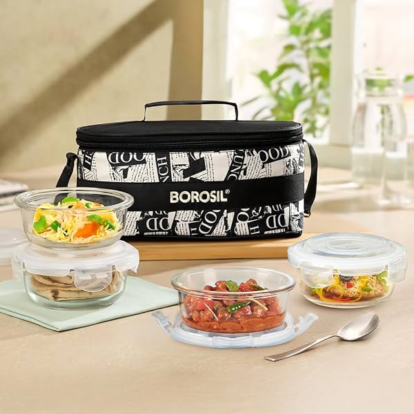 Borosil Nostalgia Union Lunchbox 4pc Round (240ml x 2 + 400ml x 2) Container Set