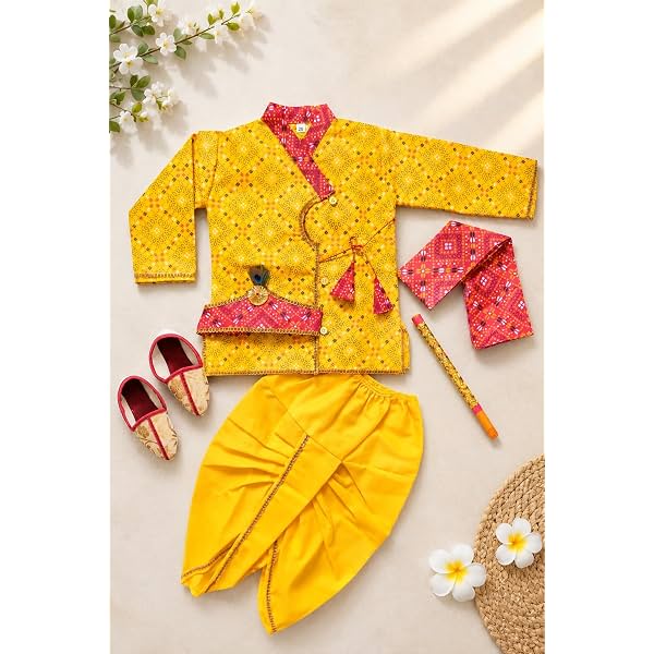 Boys Krishna Costume Kurta Dhoti Set, Yellow Bandhani Print