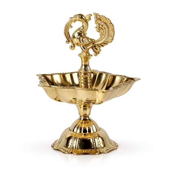 Brass Peacock Diya for Puja Room Decorative Oil Lamp with 5 Wicks Gold Finish