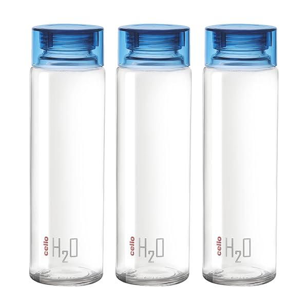 CELLO H2O Glass Fridge Water Bottle with Plastic Cap Set of 3, 920ml, Blue | Leakproof & Durable | Wide Mouth, Easy To C