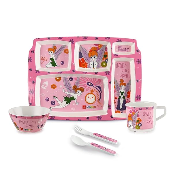 Cello Kidzbee Pentameal Tinker Bell Melamine Meal Set for Kids, Set of 5, Light Pink |