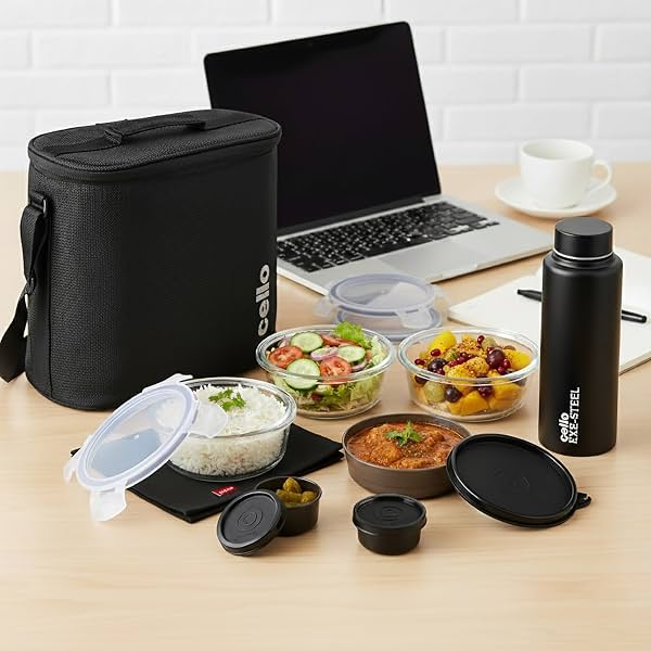 Cello MF Glassy Pro 7 Pcs Glass Lunch Box with Bag, Black | 3 x 400ml Microwave Safe Container, 1 x 225ml + 2 x 50ml Min
