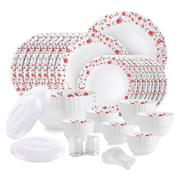 Cello Opalware Dazzle Series Red Rose Fantasy Dinner Set, 57Pcs
