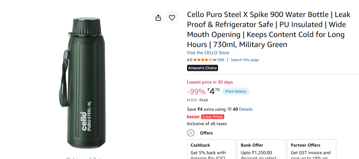 Cello Puro Steel X Water Bottle