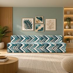 Clex Turquoise Blue & White Printed 3 Seater Fold Out Sofa Cum Bed
