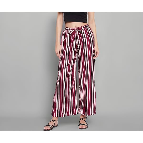 Clovia Women's Crepe Sassy Stripes Flared Pyjama with Side Slits
