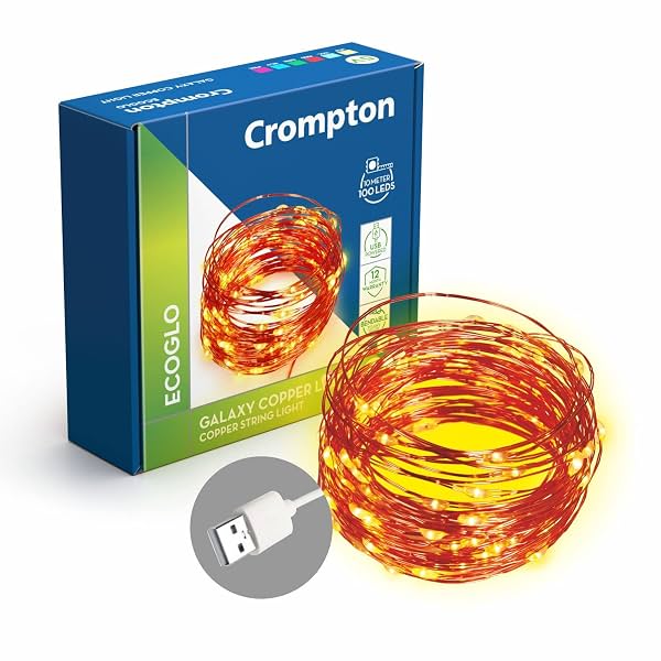 Crompton Galaxy Decoration Copper USB Powered String Fairy Lights with 100 Led Light (10 Meters / 32 Feet, Warm White, P