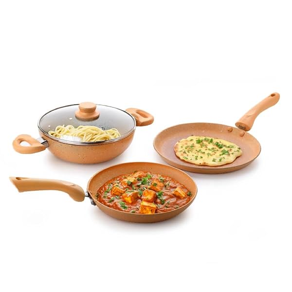 Crystal Marbo Plus Induction Bottom 4 Pc Nonstick cookware set | Tawa 280 mm + Fry Pan 250 mm + Kadai 250 with Glass Lid