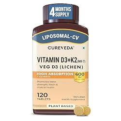 Cureveda Liposomal Vitamin D3 600 IU + Vitamin K2-7 & Turmeric, 120 Tablets