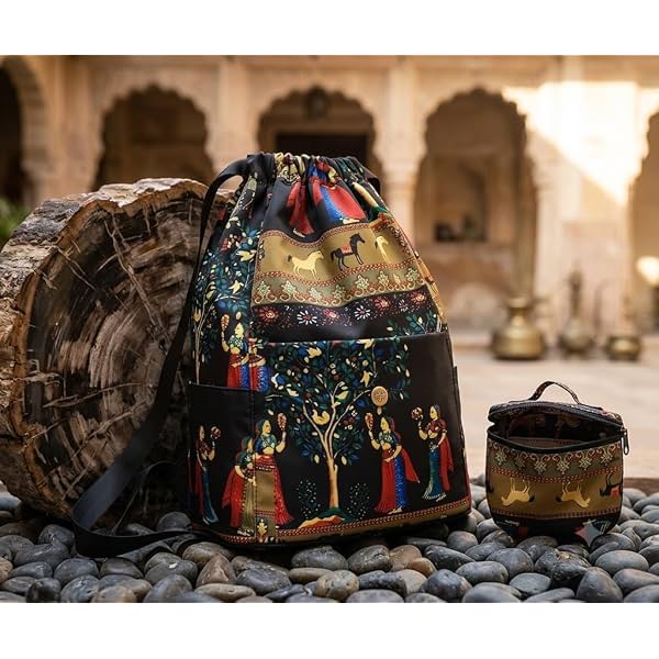 Drawstring Backpack for Women & Girls, Traditional Rajasthani Print Sling Bag